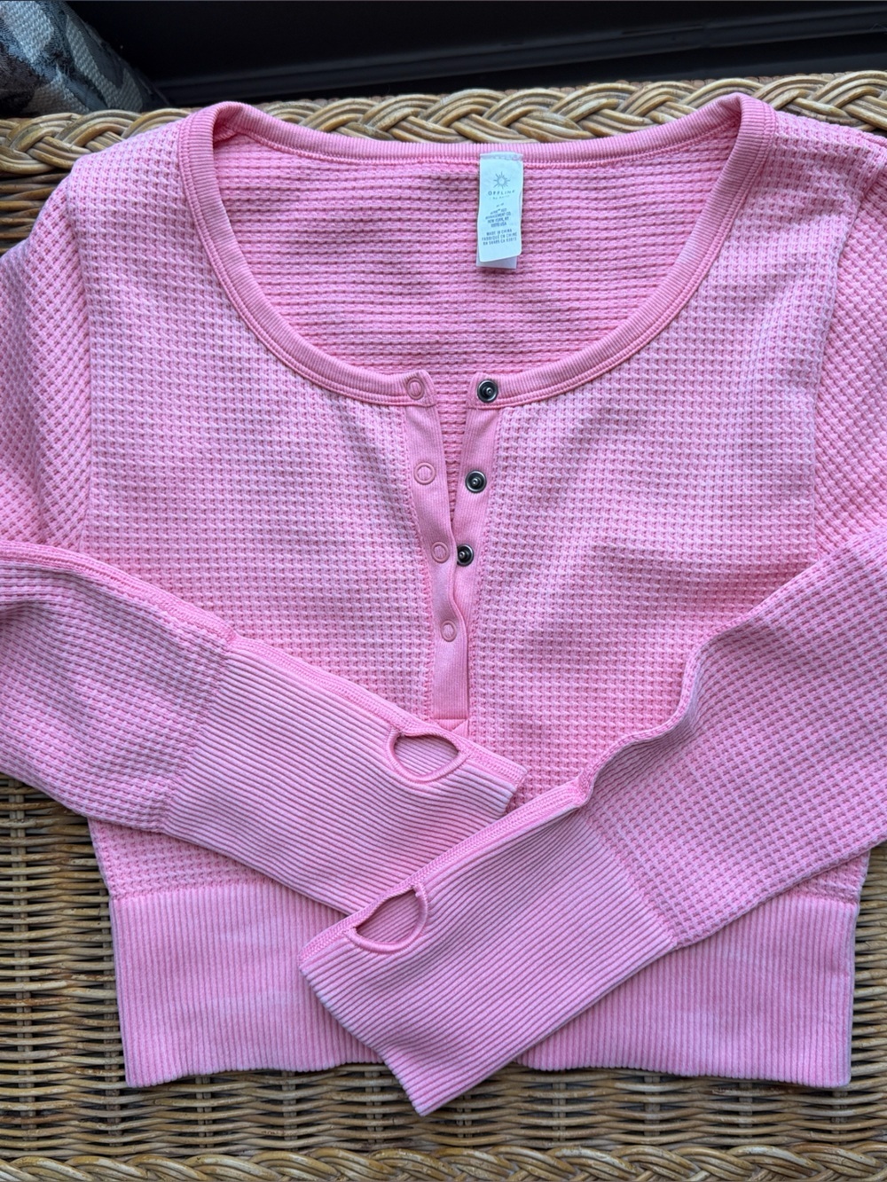 aerie Pink Waffle-Knit Scoop Henley Sweater - Picture 2 of 7